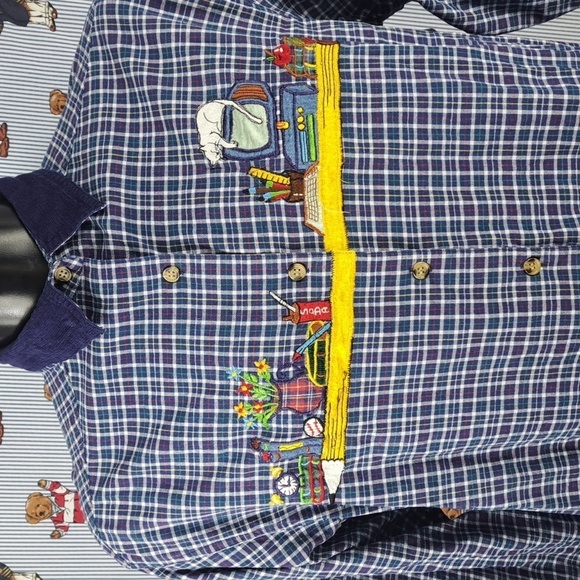 Vintage embroidered sleeping cat courdey collar plaid Xl button-up long-sleeved - Picture 1 of 6